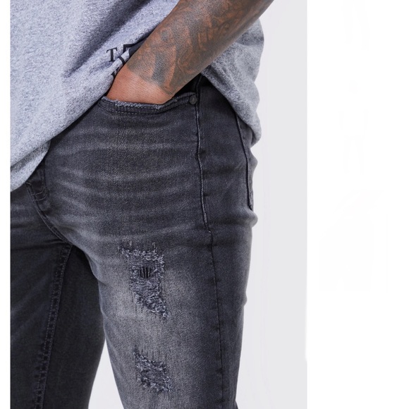 BOOHOO MAN SKINNY STRETCH RIP & REPAIR SELF FABRIC DENIM JEANS IN GREY 32 x 32” - Picture 7 of 14